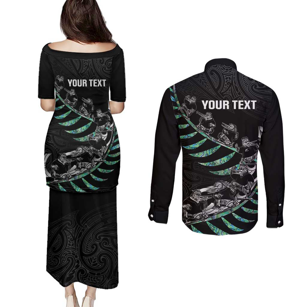 Custom New Zealand Silver Fern Rugby Couples Matching Puletasi and Long Sleeve Button Shirt Aotearoa Kiwi Maori Pattern