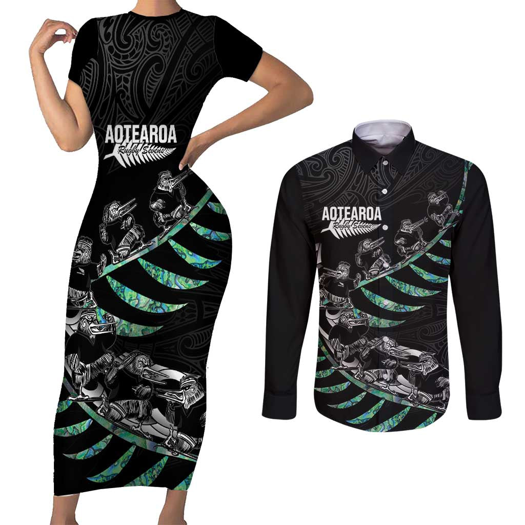 Custom New Zealand Silver Fern Rugby Couples Matching Short Sleeve Bodycon Dress and Long Sleeve Button Shirt Aotearoa Kiwi Maori Pattern