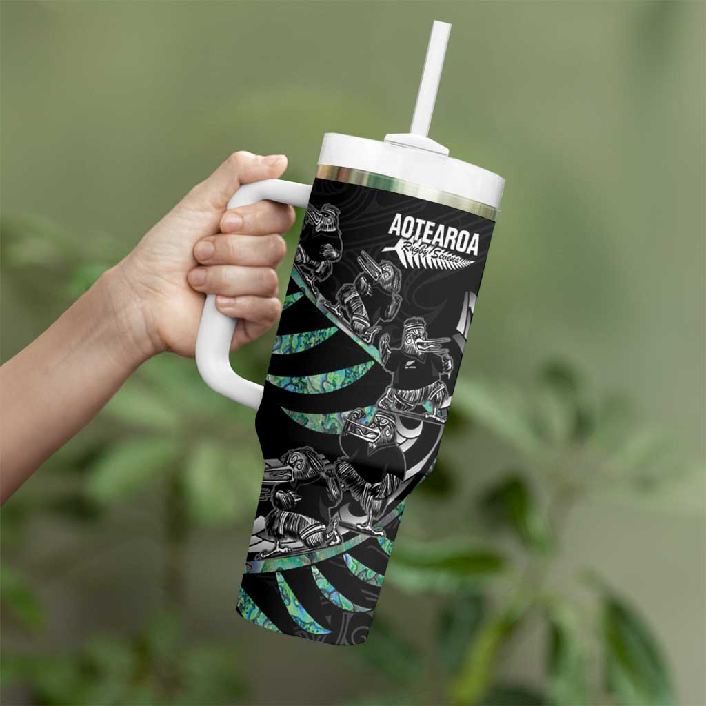Custom New Zealand Silver Fern Rugby Tumbler With Handle Aotearoa Kiwi Maori Pattern