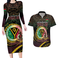 Personalised Vanuatu Couples Matching Long Sleeve Bodycon Dress and Hawaiian Shirt Yumi 45th Hapi Independens Dei - Black Version LT14