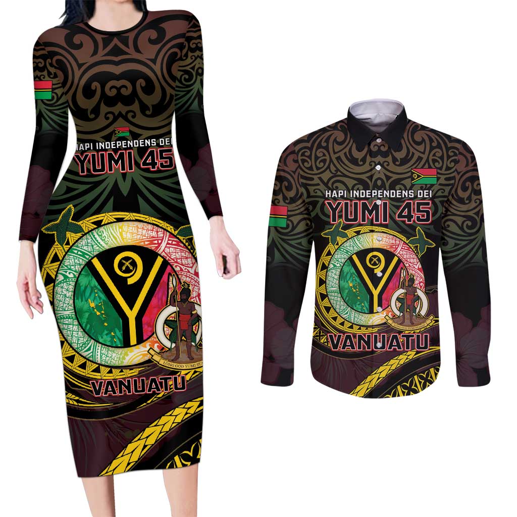 Personalised Vanuatu Couples Matching Long Sleeve Bodycon Dress and Long Sleeve Button Shirt Yumi 45th Hapi Independens Dei - Black Version LT14
