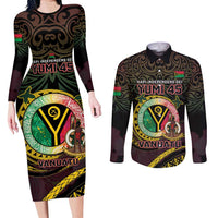 Personalised Vanuatu Couples Matching Long Sleeve Bodycon Dress and Long Sleeve Button Shirt Yumi 45th Hapi Independens Dei - Black Version LT14