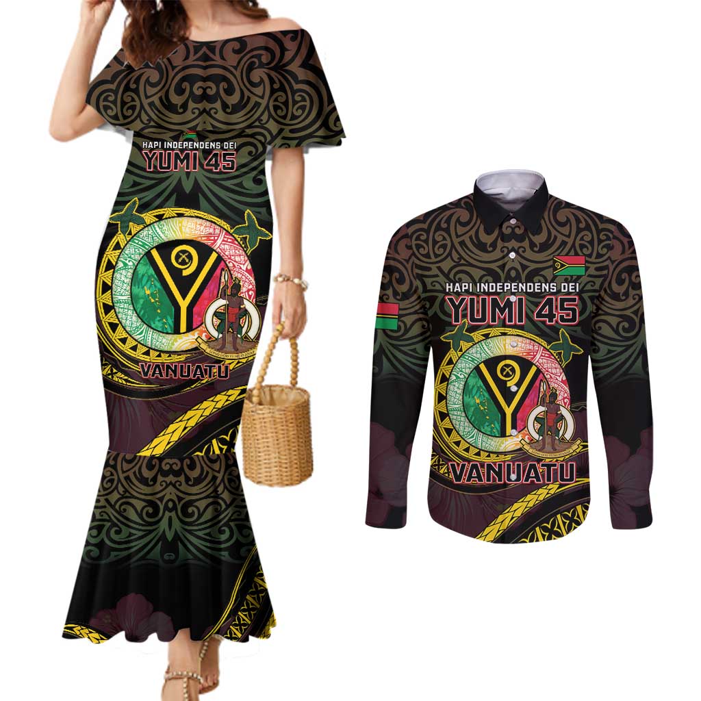 Personalised Vanuatu Couples Matching Mermaid Dress and Long Sleeve Button Shirt Yumi 45th Hapi Independens Dei - Black Version LT14