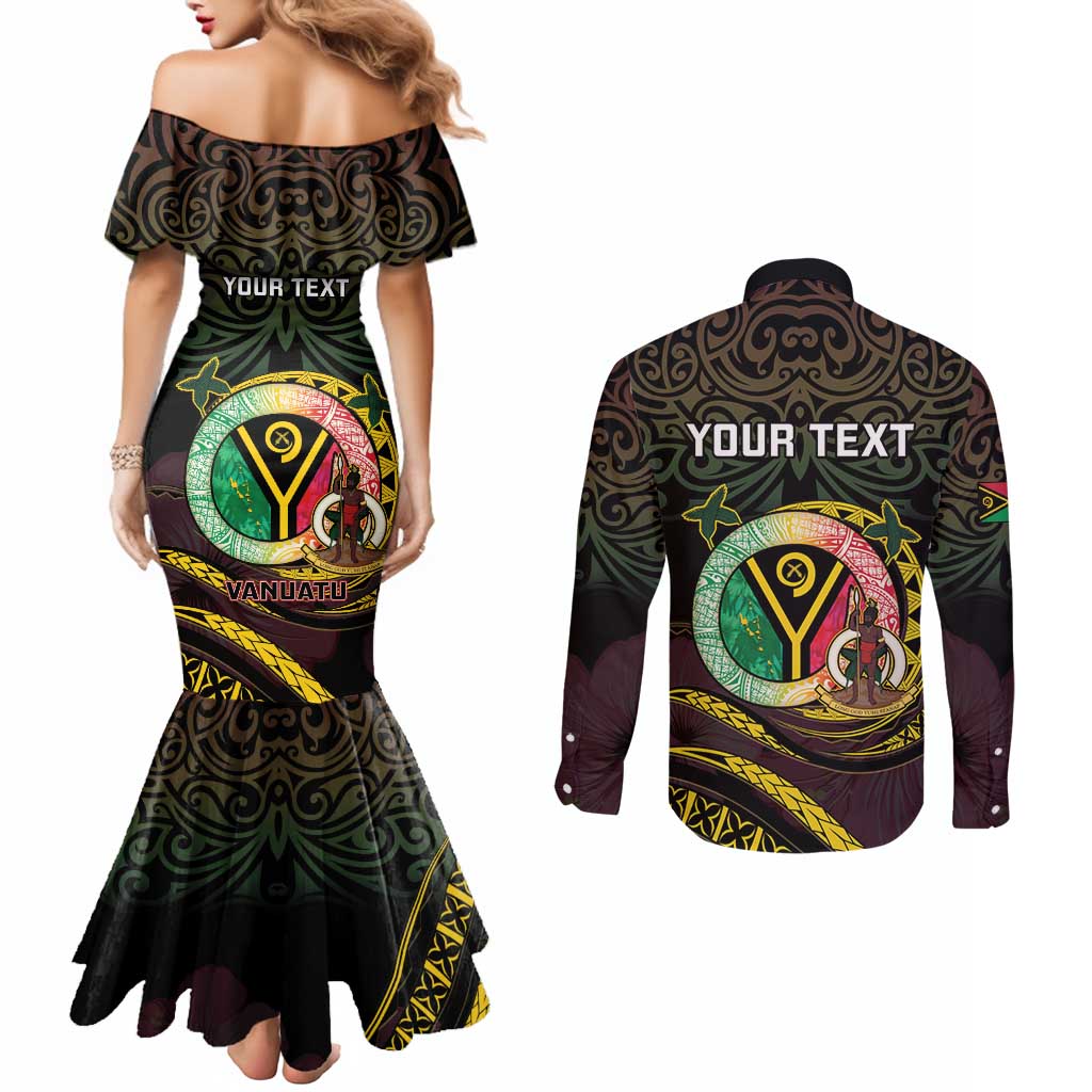 Personalised Vanuatu Couples Matching Mermaid Dress and Long Sleeve Button Shirt Yumi 45th Hapi Independens Dei - Black Version LT14