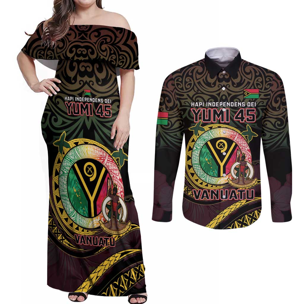 Personalised Vanuatu Couples Matching Off Shoulder Maxi Dress and Long Sleeve Button Shirt Yumi 45th Hapi Independens Dei - Black Version LT14