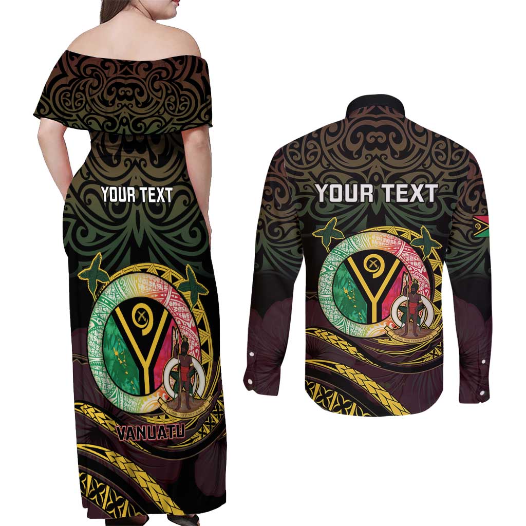 Personalised Vanuatu Couples Matching Off Shoulder Maxi Dress and Long Sleeve Button Shirt Yumi 45th Hapi Independens Dei - Black Version LT14