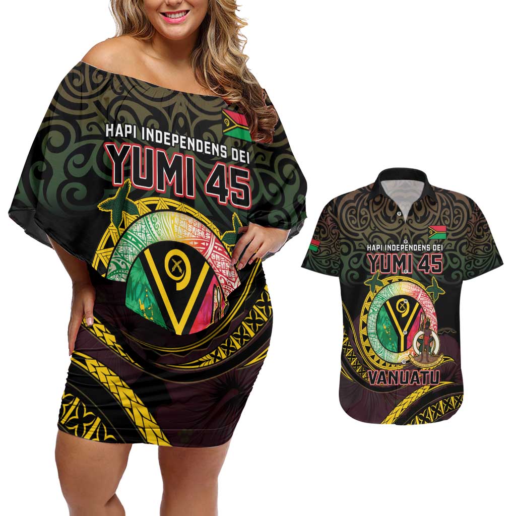 Personalised Vanuatu Couples Matching Off Shoulder Short Dress and Hawaiian Shirt Yumi 45th Hapi Independens Dei - Black Version LT14