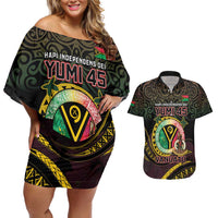 Personalised Vanuatu Couples Matching Off Shoulder Short Dress and Hawaiian Shirt Yumi 45th Hapi Independens Dei - Black Version LT14