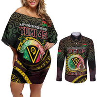 Personalised Vanuatu Couples Matching Off Shoulder Short Dress and Long Sleeve Button Shirt Yumi 45th Hapi Independens Dei - Black Version LT14