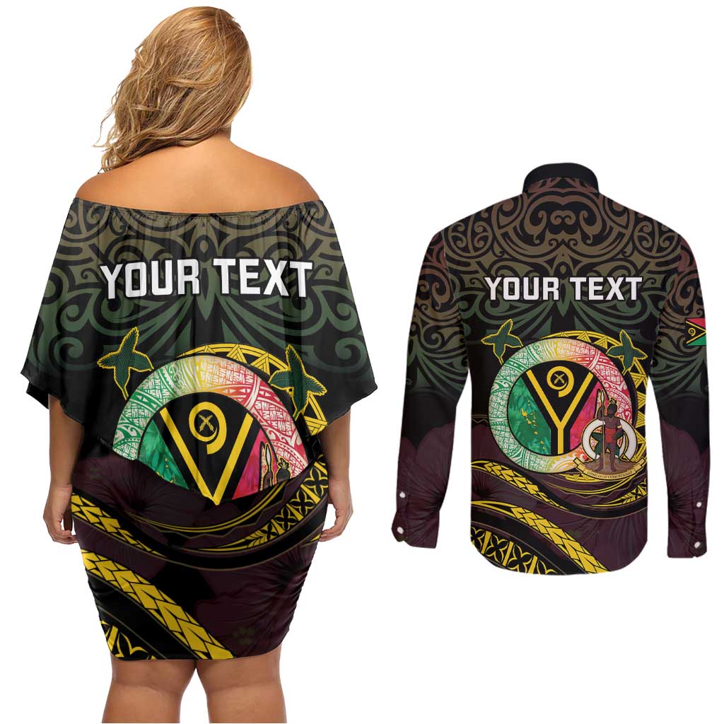 Personalised Vanuatu Couples Matching Off Shoulder Short Dress and Long Sleeve Button Shirt Yumi 45th Hapi Independens Dei - Black Version LT14