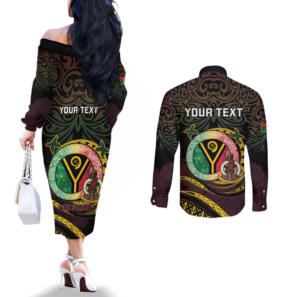 Personalised Vanuatu Couples Matching Off The Shoulder Long Sleeve Dress and Long Sleeve Button Shirt Yumi 45th Hapi Independens Dei - Black Version LT14