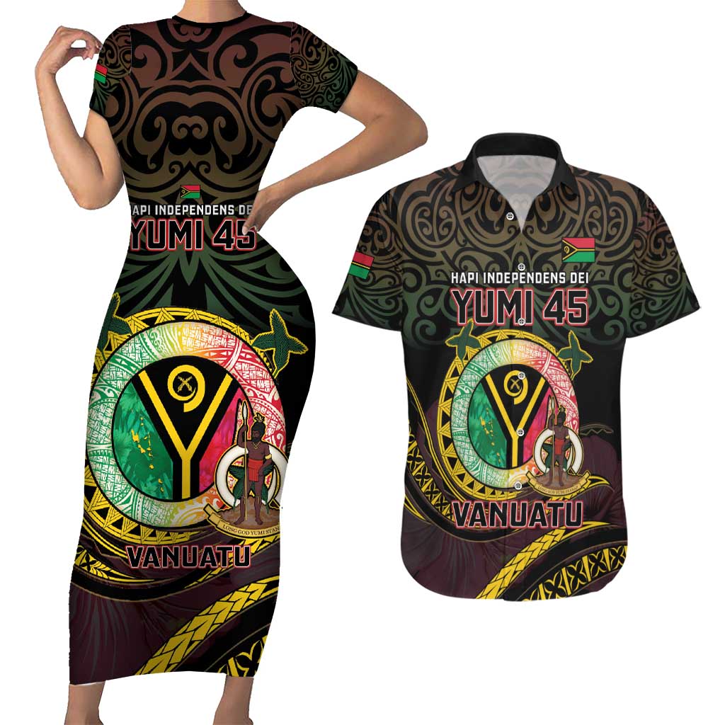 Personalised Vanuatu Couples Matching Short Sleeve Bodycon Dress and Hawaiian Shirt Yumi 45th Hapi Independens Dei - Black Version LT14