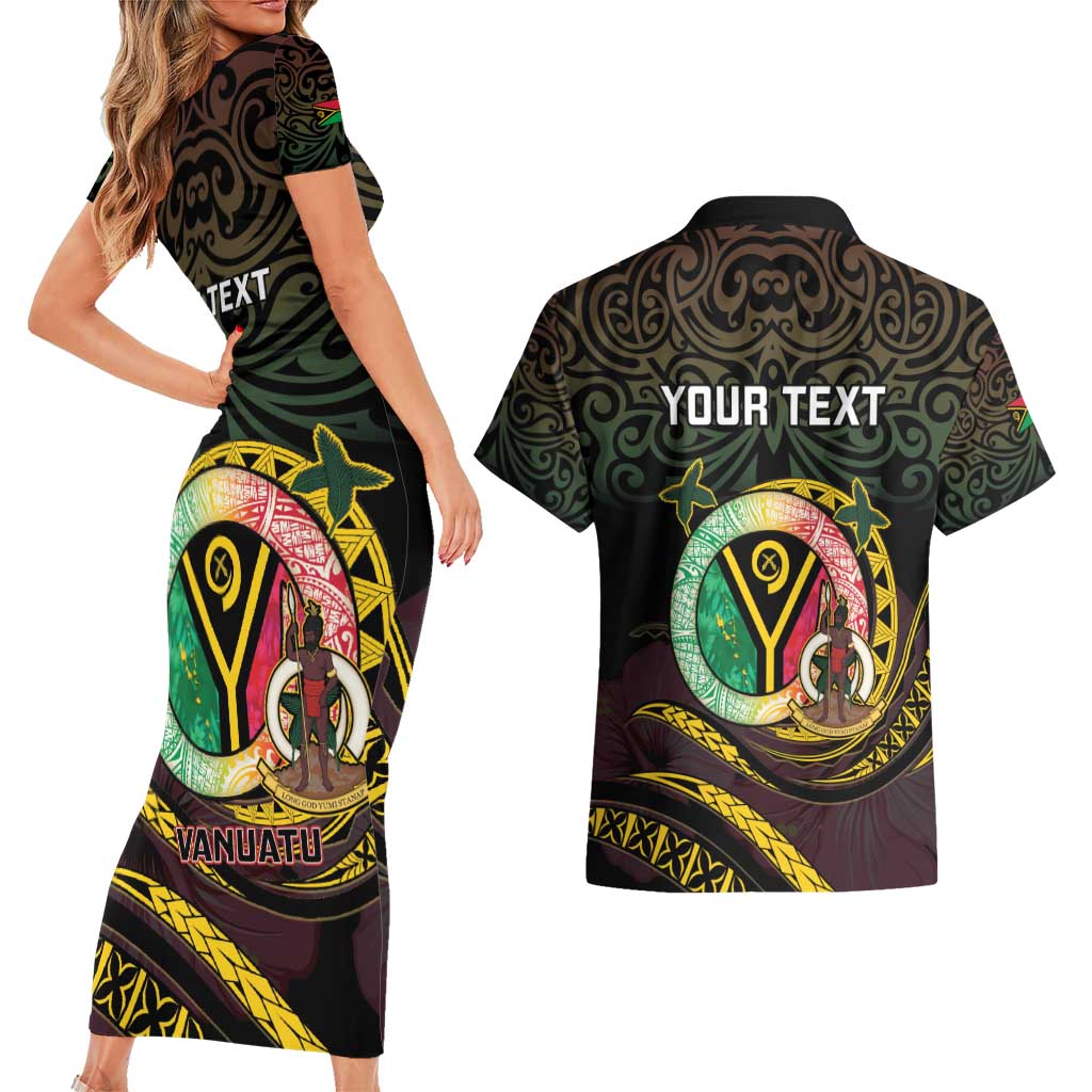 Personalised Vanuatu Couples Matching Short Sleeve Bodycon Dress and Hawaiian Shirt Yumi 45th Hapi Independens Dei - Black Version LT14