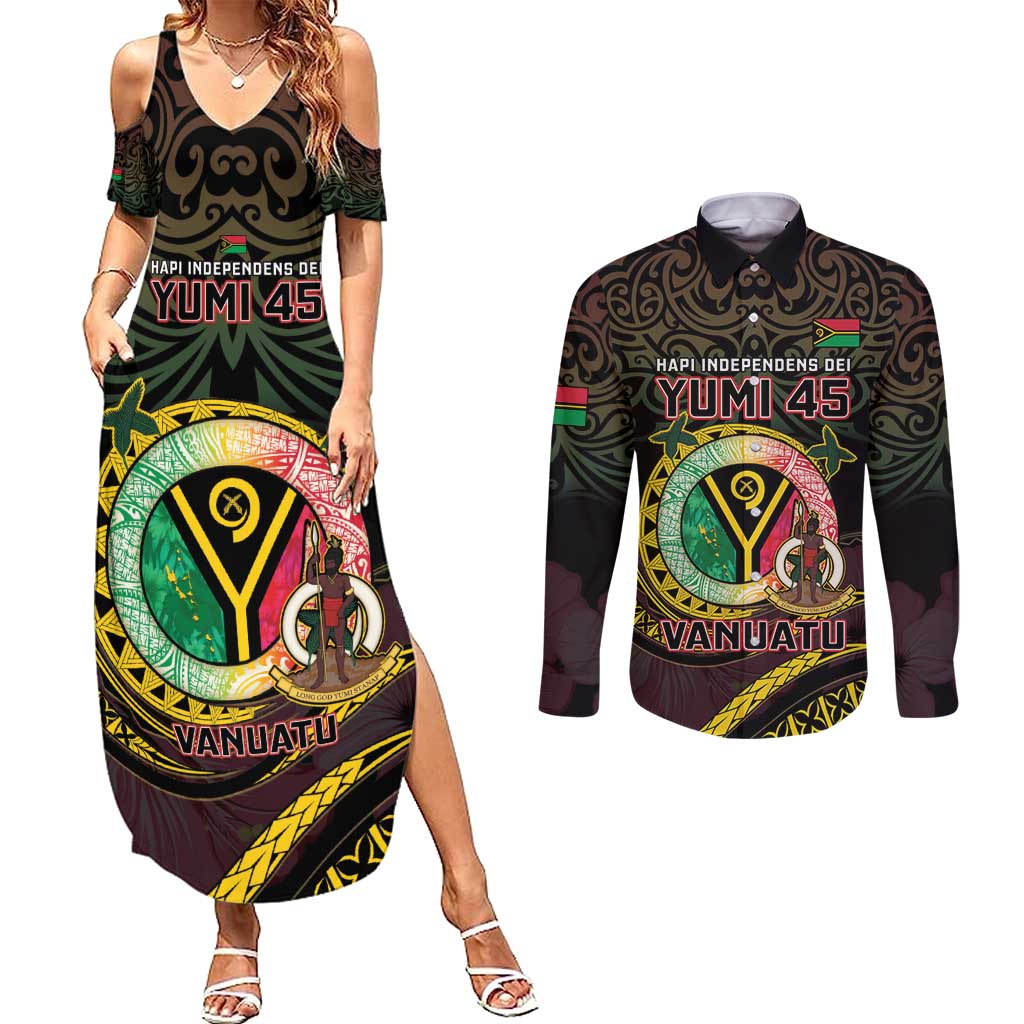 Personalised Vanuatu Couples Matching Summer Maxi Dress and Long Sleeve Button Shirt Yumi 45th Hapi Independens Dei - Black Version LT14