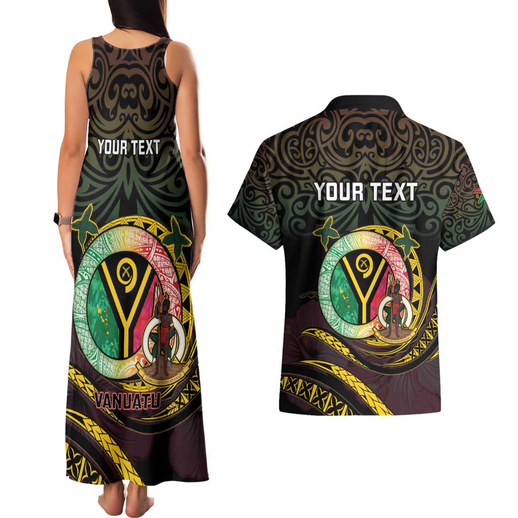 Personalised Vanuatu Couples Matching Tank Maxi Dress and Hawaiian Shirt Yumi 45th Hapi Independens Dei - Black Version LT14