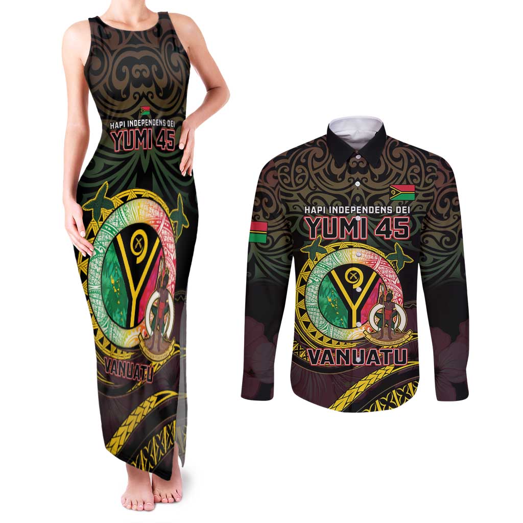 Personalised Vanuatu Couples Matching Tank Maxi Dress and Long Sleeve Button Shirt Yumi 45th Hapi Independens Dei - Black Version LT14