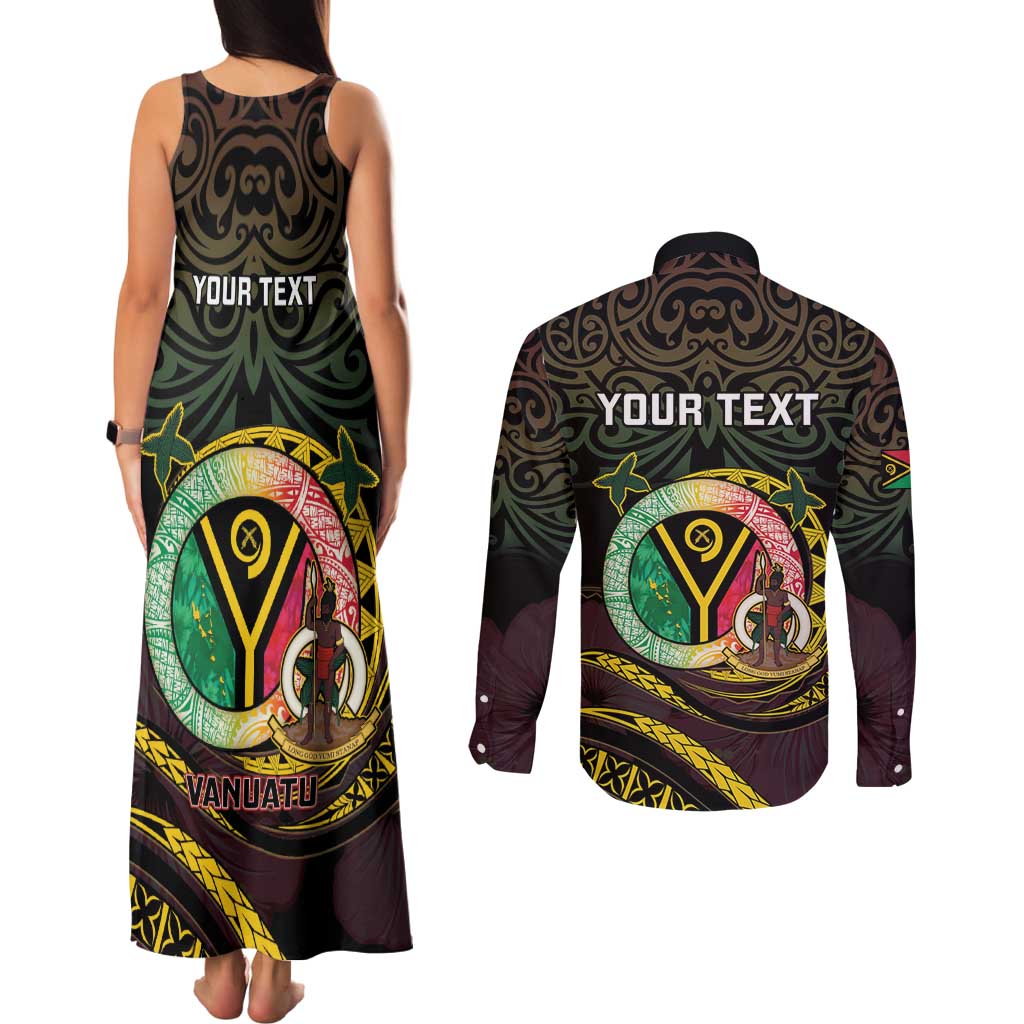 Personalised Vanuatu Couples Matching Tank Maxi Dress and Long Sleeve Button Shirt Yumi 45th Hapi Independens Dei - Black Version LT14
