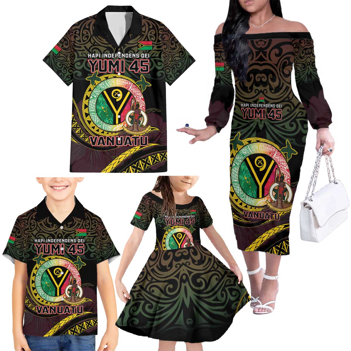 Personalised Vanuatu Family Matching Off The Shoulder Long Sleeve Dress and Hawaiian Shirt Yumi 45th Hapi Independens Dei - Black Version LT14