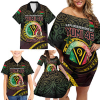 Personalised Vanuatu Family Matching Off Shoulder Short Dress and Hawaiian Shirt Yumi 46th Hapi Independens Dei - Black Version LT14 - Polynesian Pride