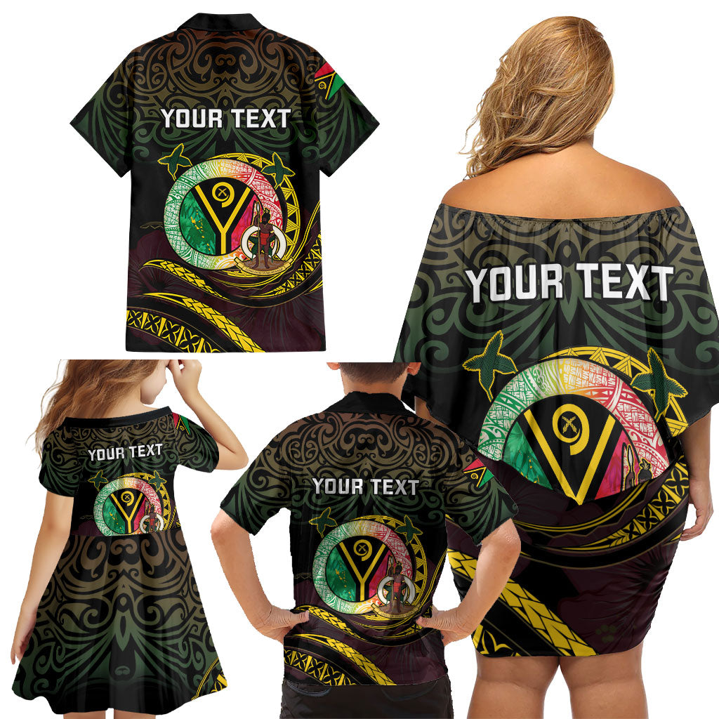 Personalised Vanuatu Family Matching Off Shoulder Short Dress and Hawaiian Shirt Yumi 46th Hapi Independens Dei - Black Version LT14 - Polynesian Pride