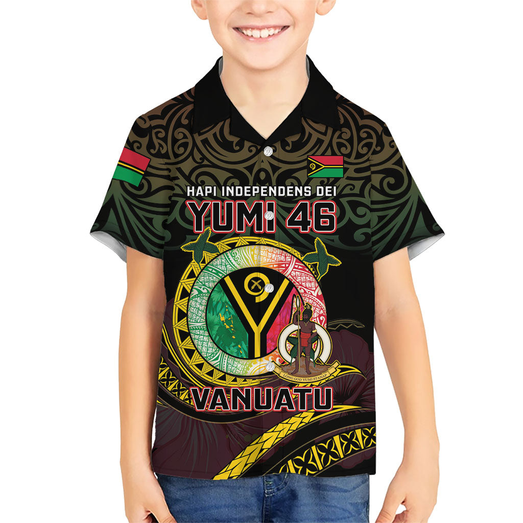 Personalised Vanuatu Family Matching Off Shoulder Short Dress and Hawaiian Shirt Yumi 46th Hapi Independens Dei - Black Version LT14 Son's Shirt Black - Polynesian Pride