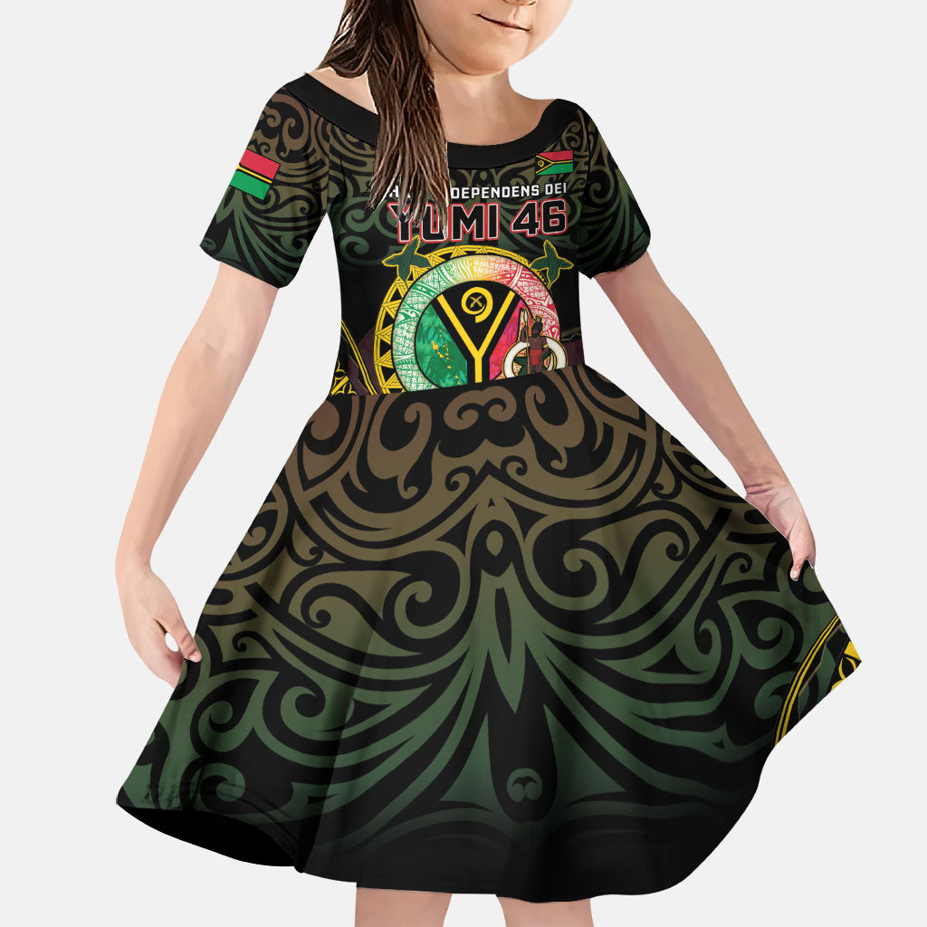 Personalised Vanuatu Family Matching Puletasi and Hawaiian Shirt Yumi 46th Hapi Independens Dei - Black Version LT14 Daughter's Dress Black - Polynesian Pride