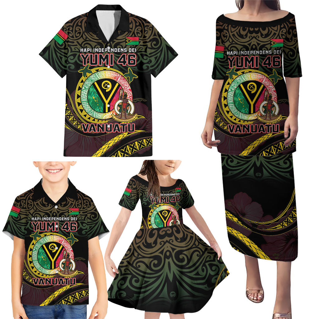 Personalised Vanuatu Family Matching Puletasi and Hawaiian Shirt Yumi 46th Hapi Independens Dei - Black Version LT14 - Polynesian Pride
