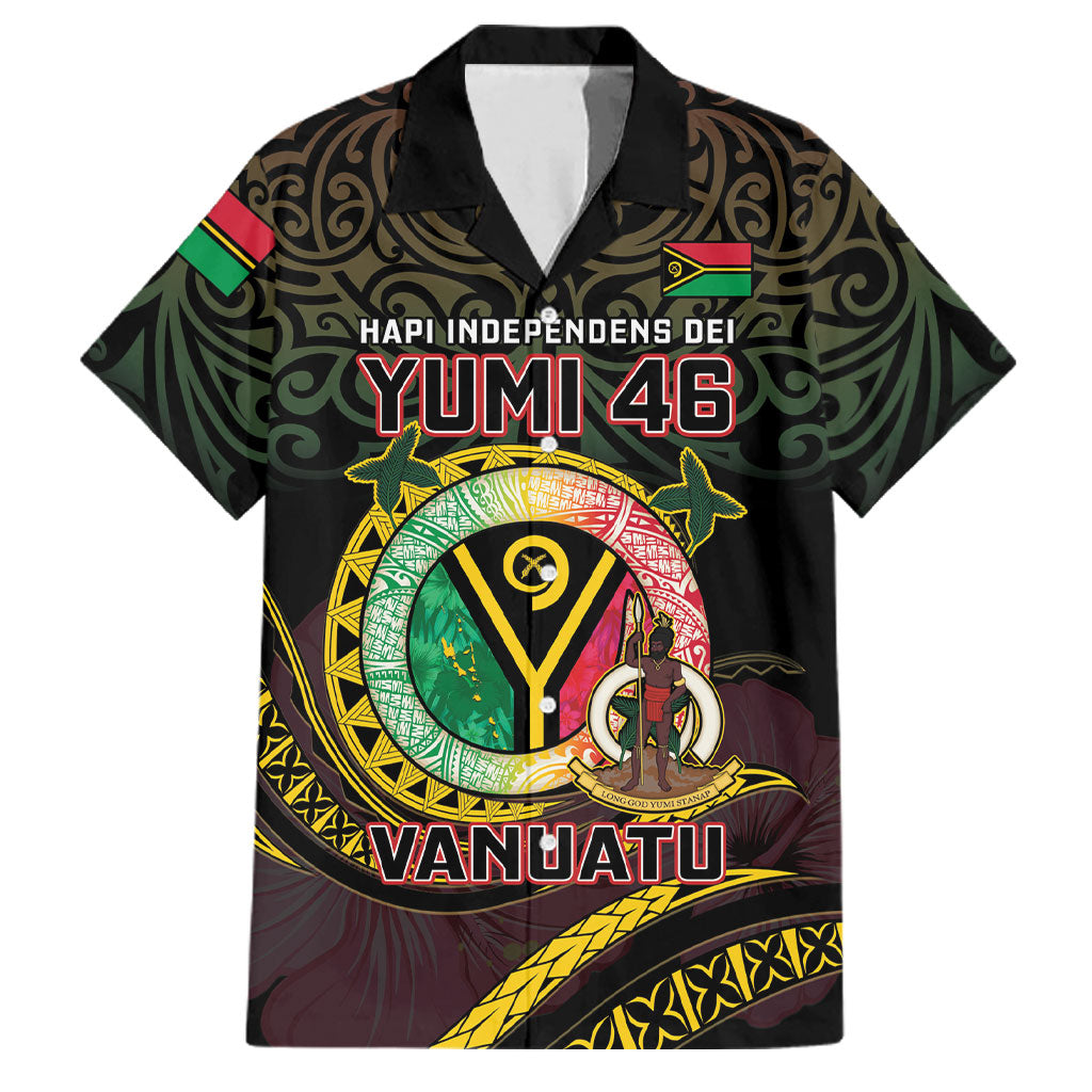 Personalised Vanuatu Family Matching Puletasi and Hawaiian Shirt Yumi 46th Hapi Independens Dei - Black Version LT14 Dad's Shirt - Short Sleeve Black - Polynesian Pride