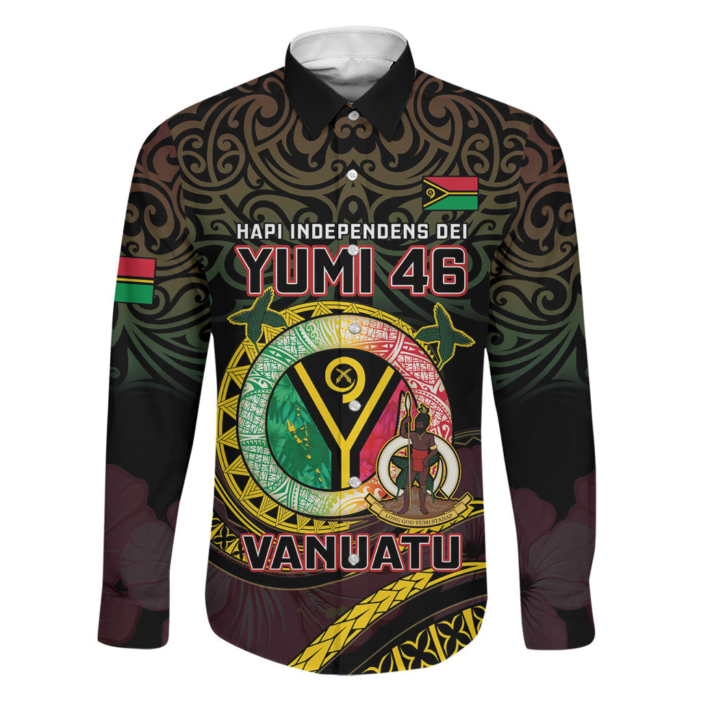Personalised Vanuatu Family Matching Puletasi and Hawaiian Shirt Yumi 46th Hapi Independens Dei - Black Version LT14 Dad's Shirt - Long Sleeve Black - Polynesian Pride