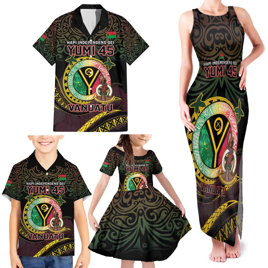 Personalised Vanuatu Family Matching Tank Maxi Dress and Hawaiian Shirt Yumi 45th Hapi Independens Dei - Black Version LT14 - Polynesian Pride