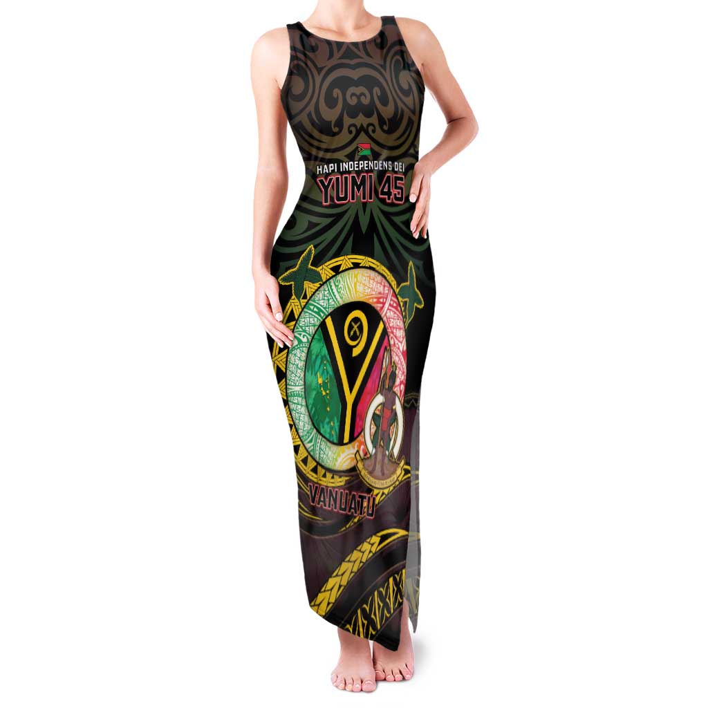 Personalised Vanuatu Family Matching Tank Maxi Dress and Hawaiian Shirt Yumi 45th Hapi Independens Dei - Black Version LT14