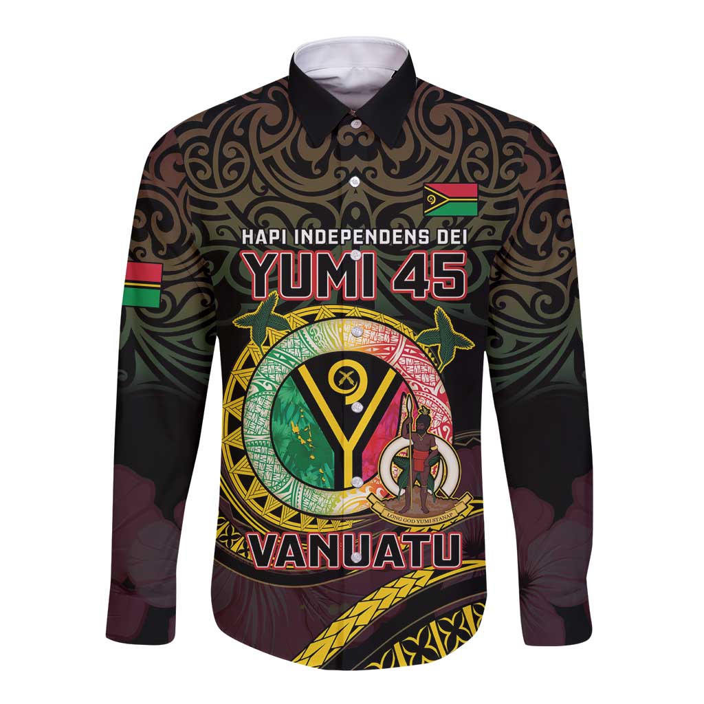 Personalised Vanuatu Long Sleeve Button Shirt Yumi 45th Hapi Independens Dei - Black Version LT14