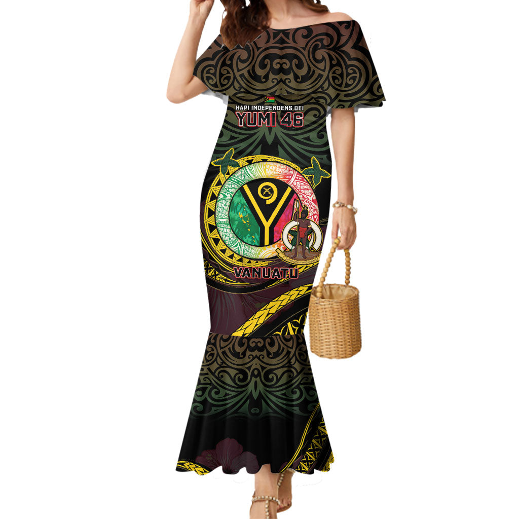 Personalised Vanuatu Mermaid Dress Yumi 46th Hapi Independens Dei - Black Version LT14 Women Black - Polynesian Pride