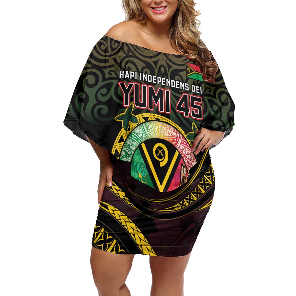 Personalised Vanuatu Off Shoulder Short Dress Yumi 45th Hapi Independens Dei - Black Version LT14