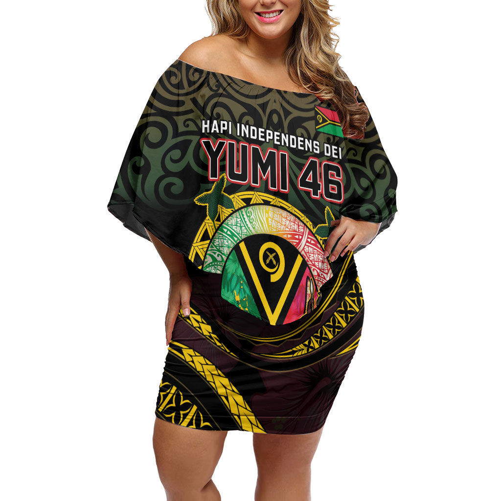 Personalised Vanuatu Off Shoulder Short Dress Yumi 46th Hapi Independens Dei - Black Version LT14 Women Black - Polynesian Pride