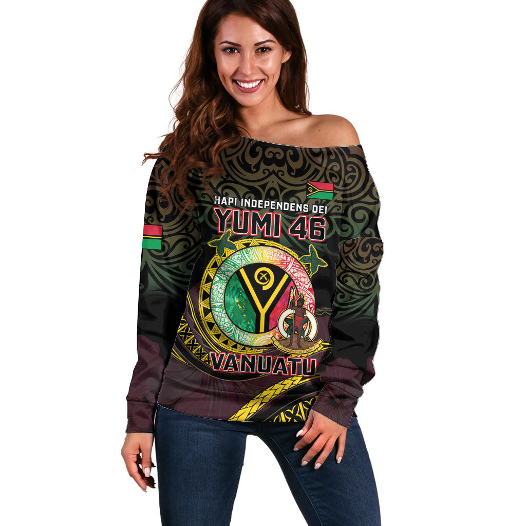 Personalised Vanuatu Off Shoulder Sweater Yumi 46th Hapi Independens Dei - Black Version LT14 Women Black - Polynesian Pride