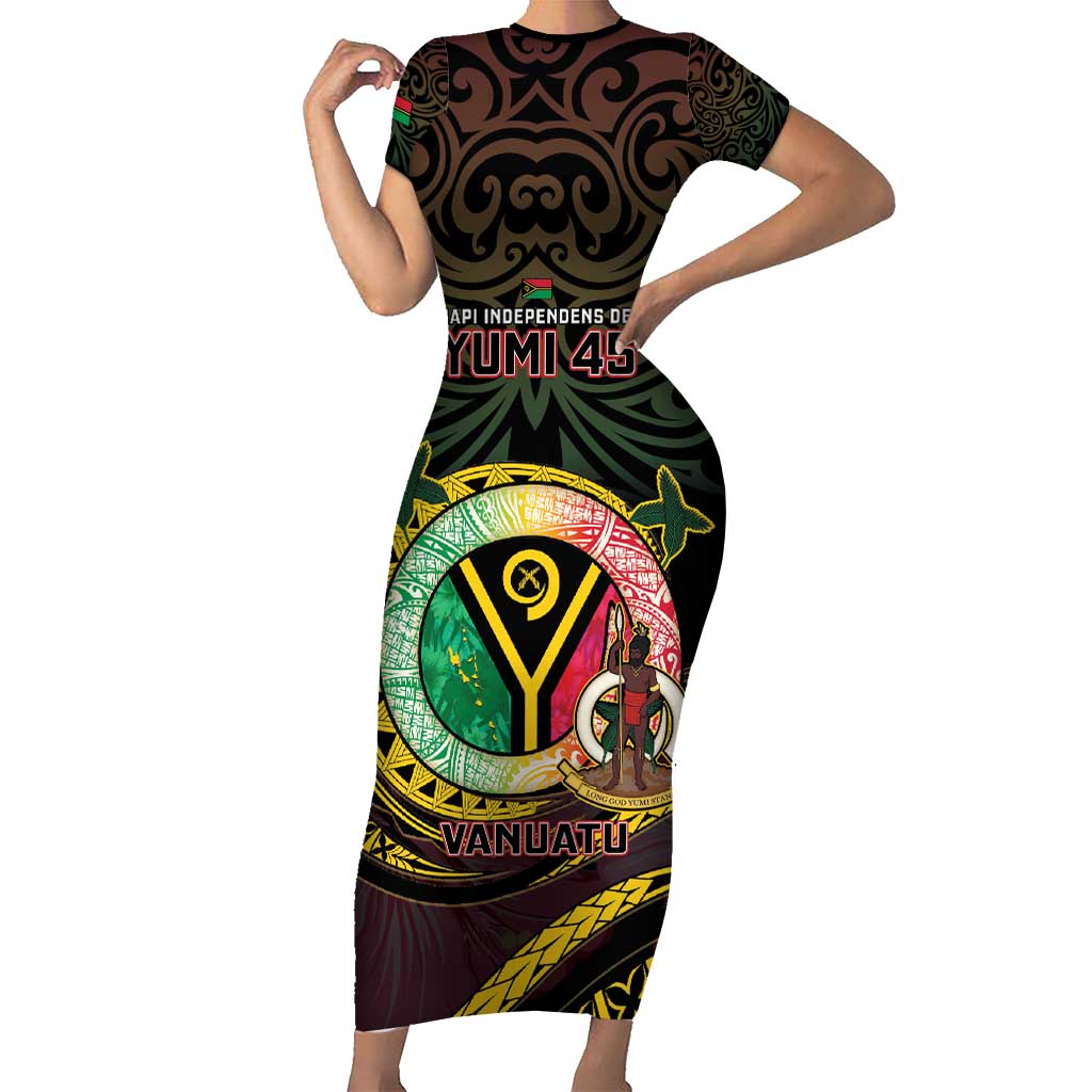 Personalised Vanuatu Short Sleeve Bodycon Dress Yumi 45th Hapi Independens Dei - Black Version LT14