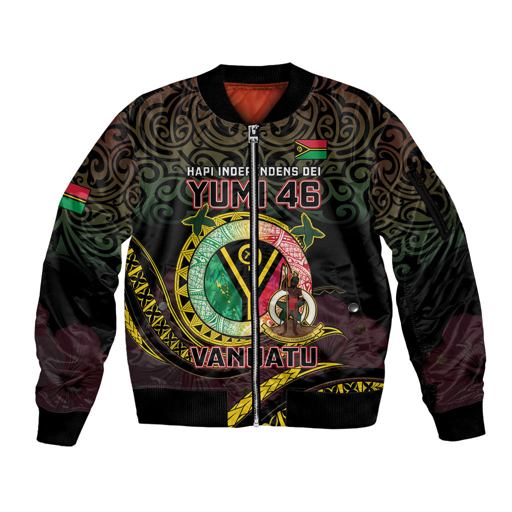 Personalised Vanuatu Sleeve Zip Bomber Jacket Yumi 46th Hapi Independens Dei - Black Version LT14 Unisex Black - Polynesian Pride