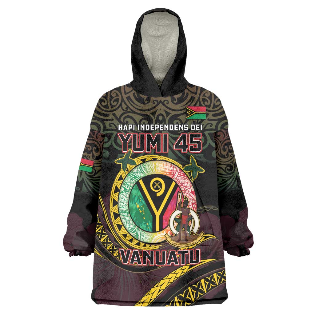 Personalised Vanuatu Wearable Blanket Hoodie Yumi 45th Hapi Independens Dei - Black Version LT14