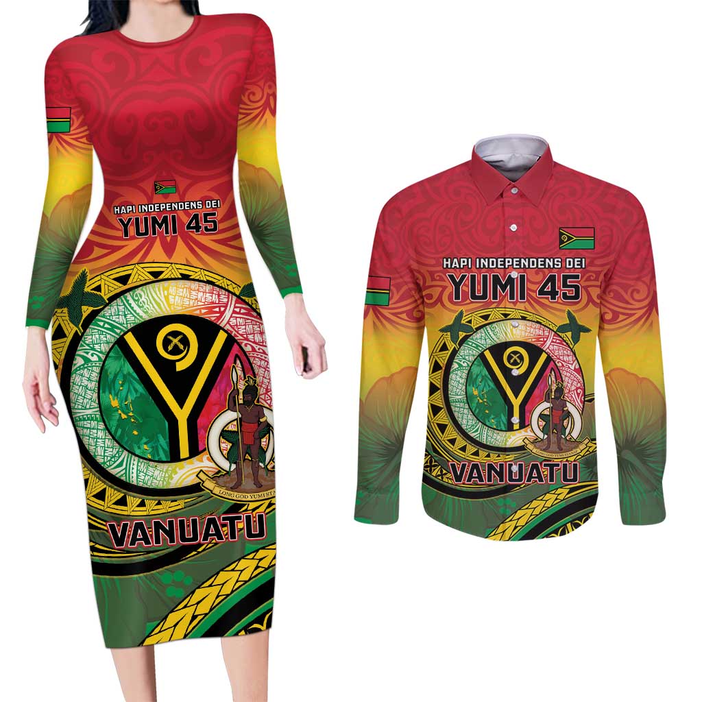 Personalised Vanuatu Couples Matching Long Sleeve Bodycon Dress and Long Sleeve Button Shirt Yumi 45th Hapi Independens Dei - Reggae Version LT14