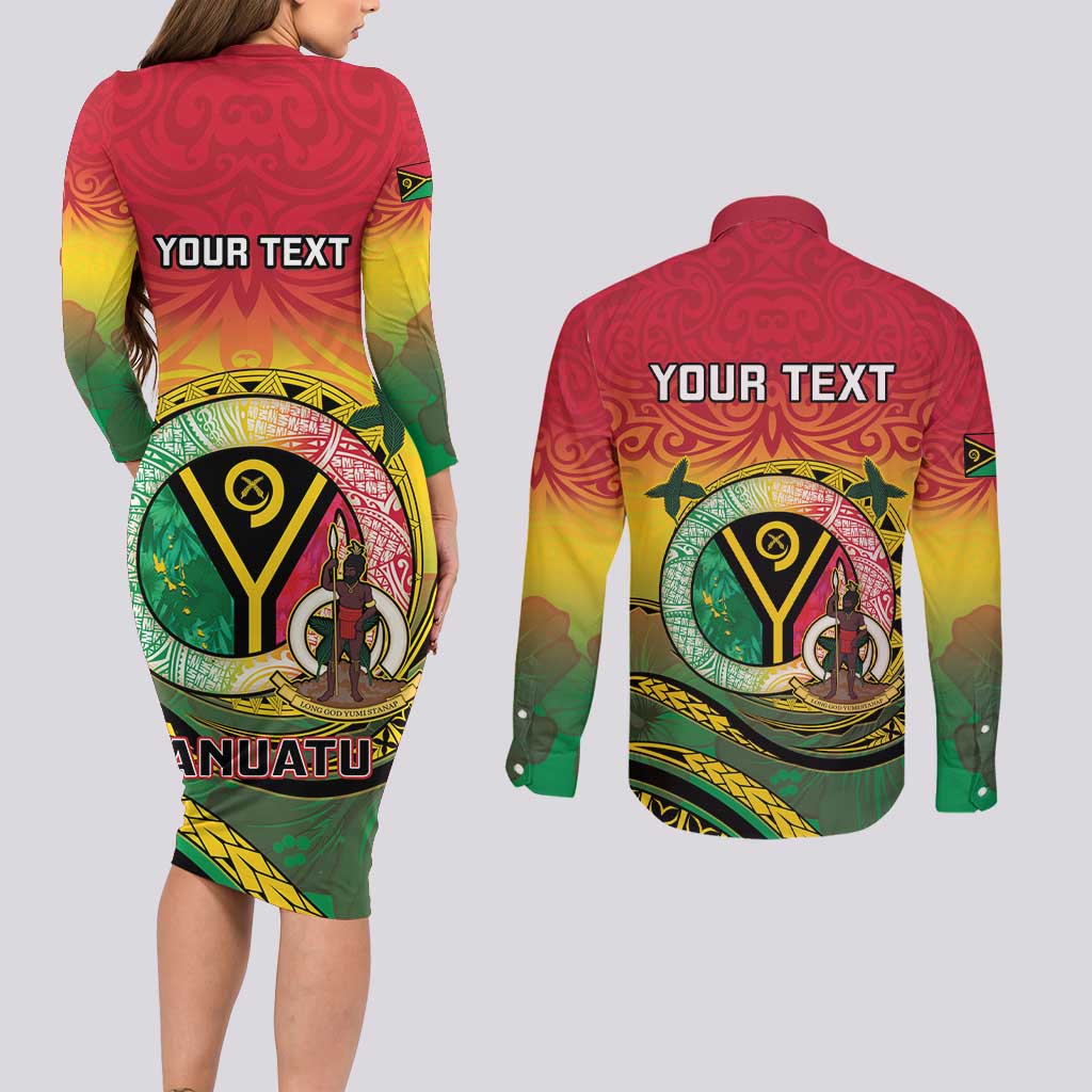 Personalised Vanuatu Couples Matching Long Sleeve Bodycon Dress and Long Sleeve Button Shirt Yumi 45th Hapi Independens Dei - Reggae Version LT14
