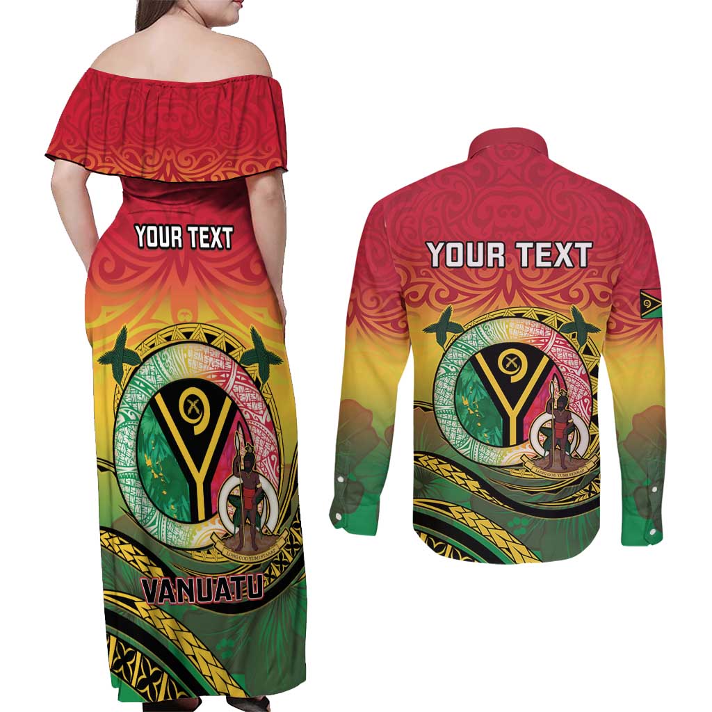 Personalised Vanuatu Couples Matching Off Shoulder Maxi Dress and Long Sleeve Button Shirt Yumi 45th Hapi Independens Dei - Reggae Version LT14