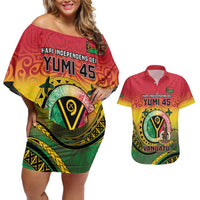 Personalised Vanuatu Couples Matching Off Shoulder Short Dress and Hawaiian Shirt Yumi 45th Hapi Independens Dei - Reggae Version LT14