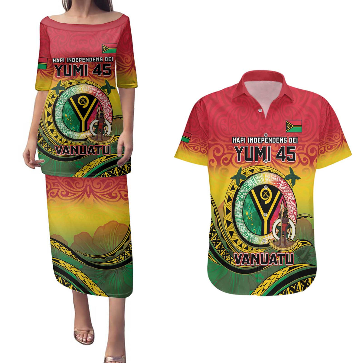 Personalised Vanuatu Couples Matching Puletasi and Hawaiian Shirt Yumi 45th Hapi Independens Dei - Reggae Version LT14