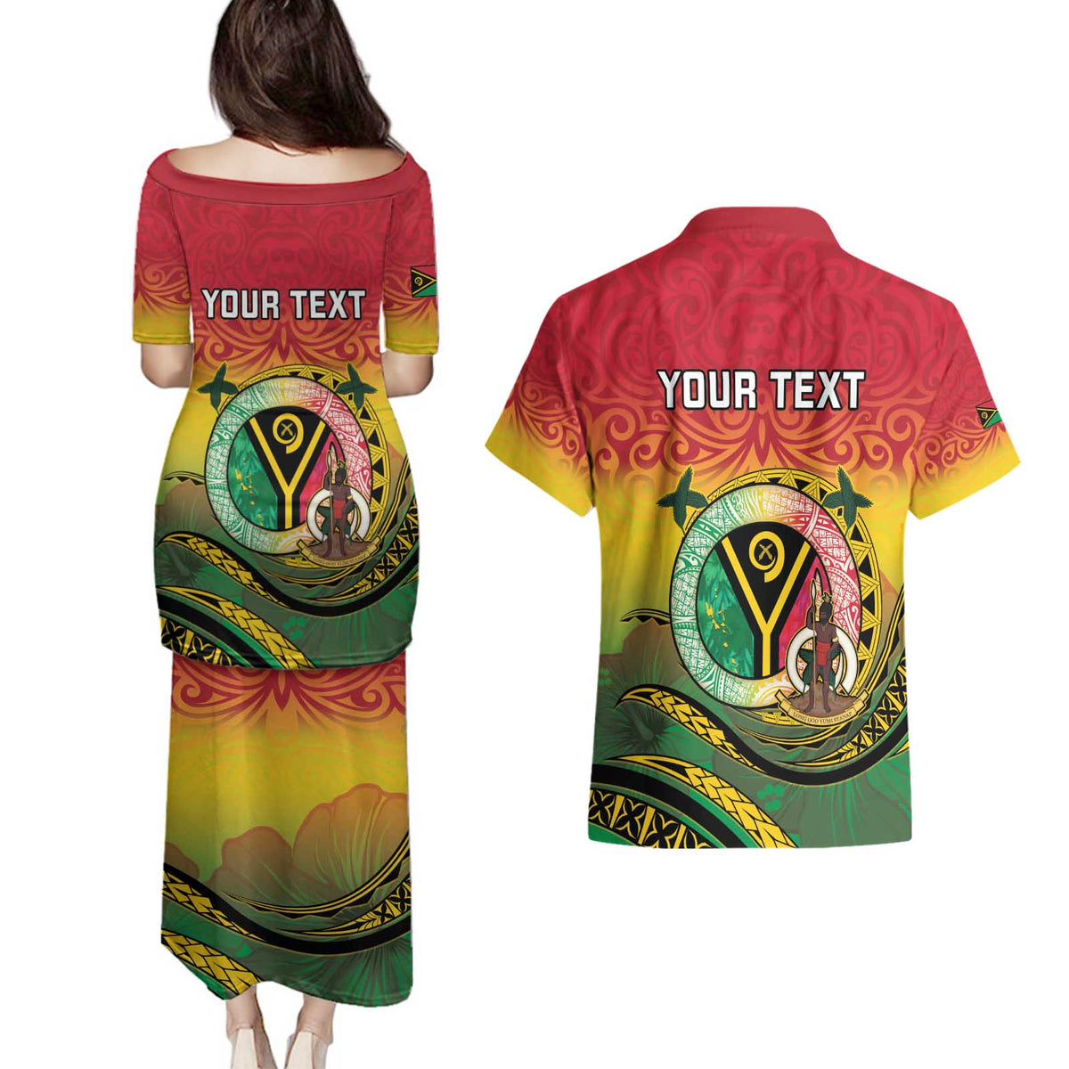 Personalised Vanuatu Couples Matching Puletasi and Hawaiian Shirt Yumi 45th Hapi Independens Dei - Reggae Version LT14