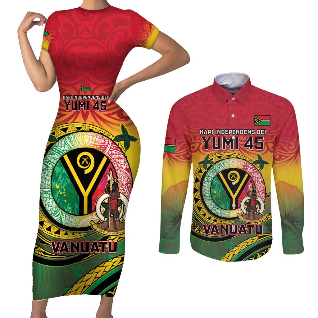 Personalised Vanuatu Couples Matching Short Sleeve Bodycon Dress and Long Sleeve Button Shirt Yumi 45th Hapi Independens Dei - Reggae Version LT14