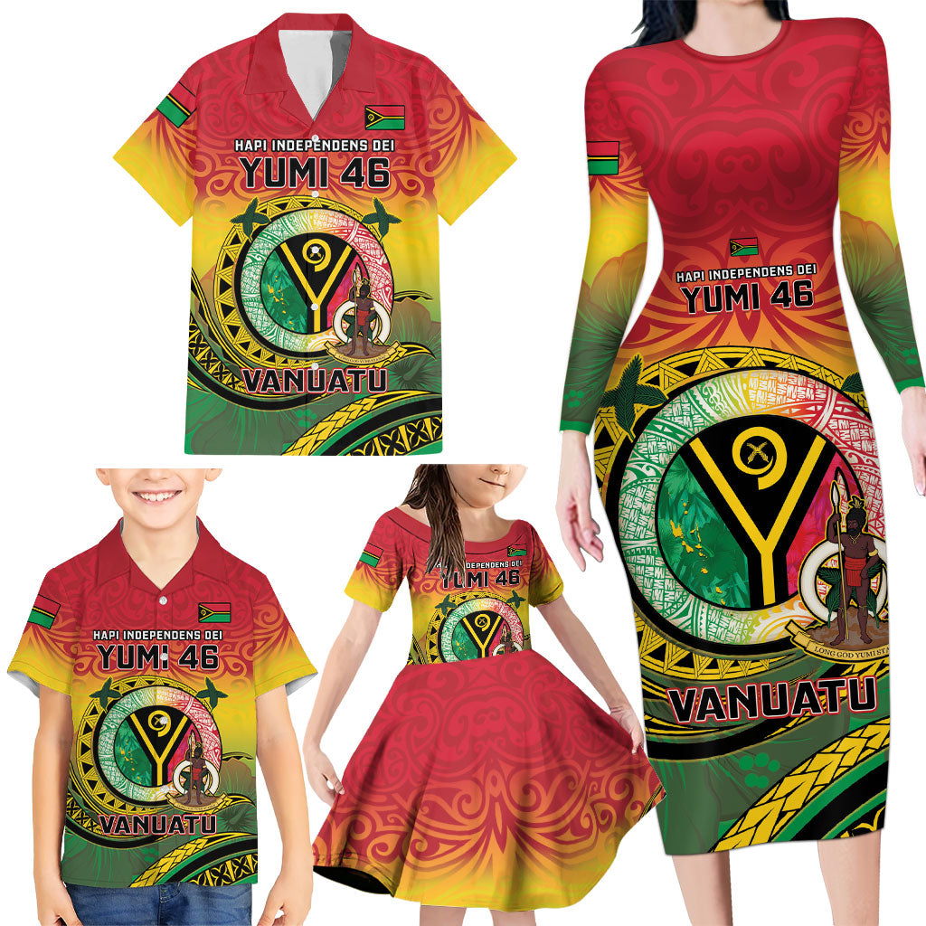 Personalised Vanuatu Family Matching Long Sleeve Bodycon Dress and Hawaiian Shirt Yumi 46th Hapi Independens Dei - Reggae Version LT14 - Polynesian Pride