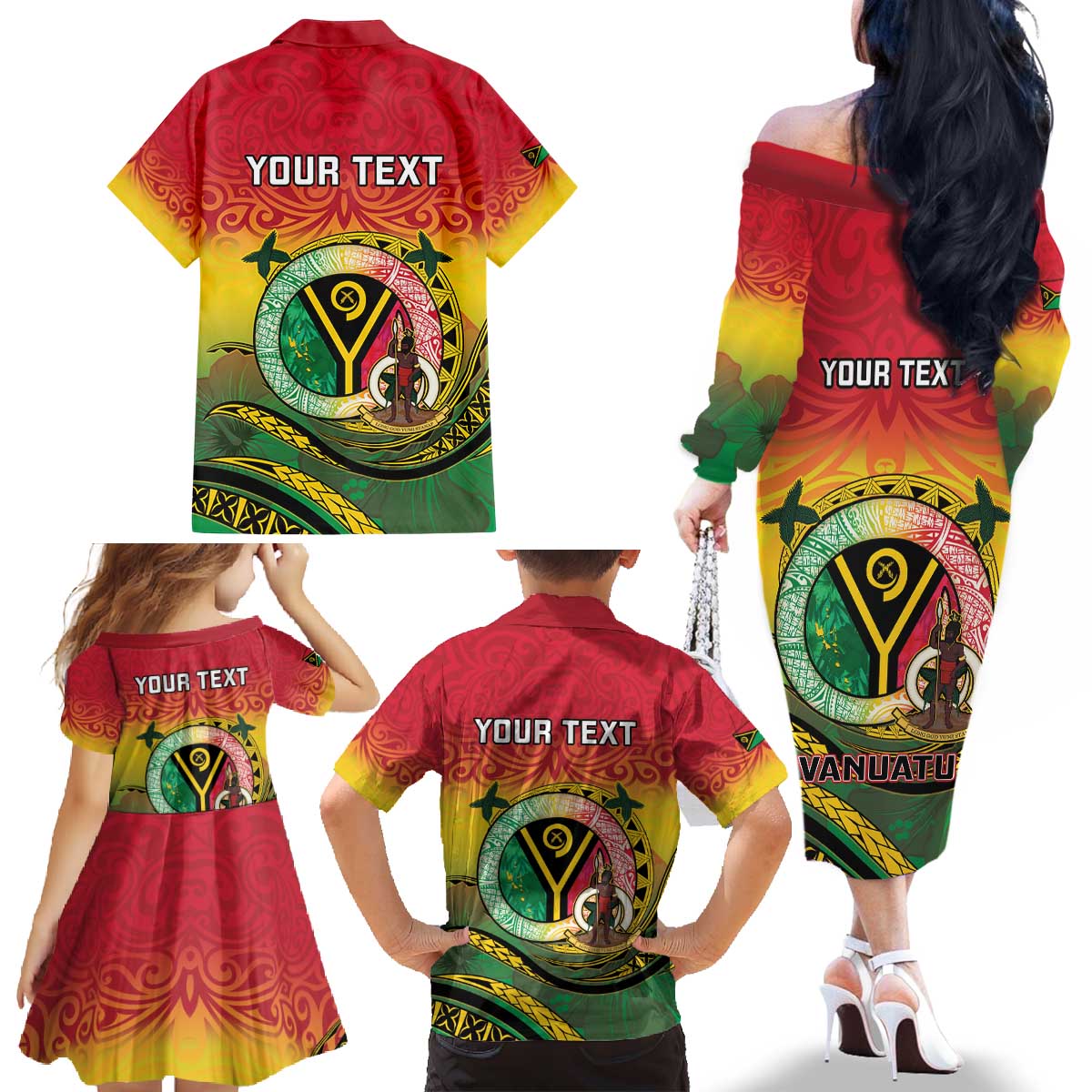 Personalised Vanuatu Family Matching Off The Shoulder Long Sleeve Dress and Hawaiian Shirt Yumi 45th Hapi Independens Dei - Reggae Version LT14