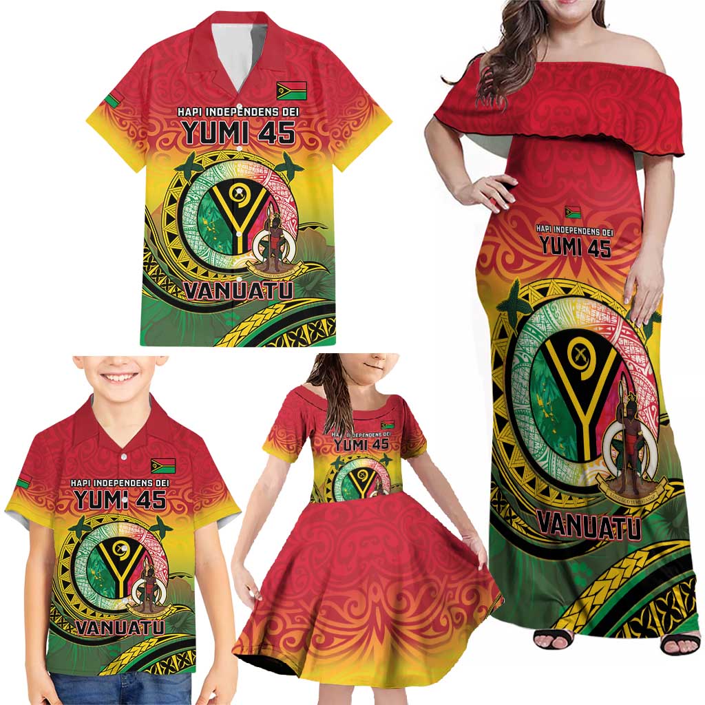 Personalised Vanuatu Family Matching Off Shoulder Maxi Dress and Hawaiian Shirt Yumi 45th Hapi Independens Dei - Reggae Version LT14