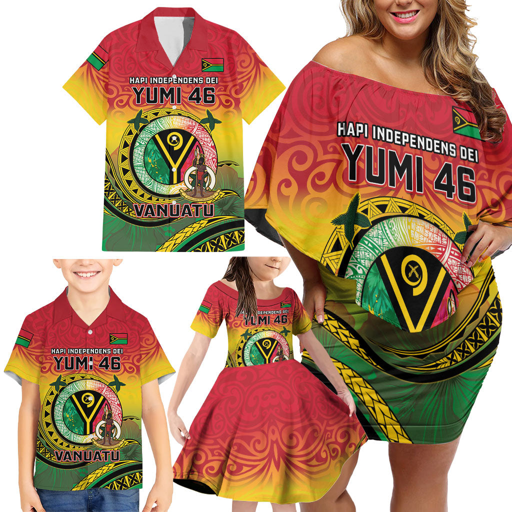 Personalised Vanuatu Family Matching Off Shoulder Short Dress and Hawaiian Shirt Yumi 46th Hapi Independens Dei - Reggae Version LT14 - Polynesian Pride